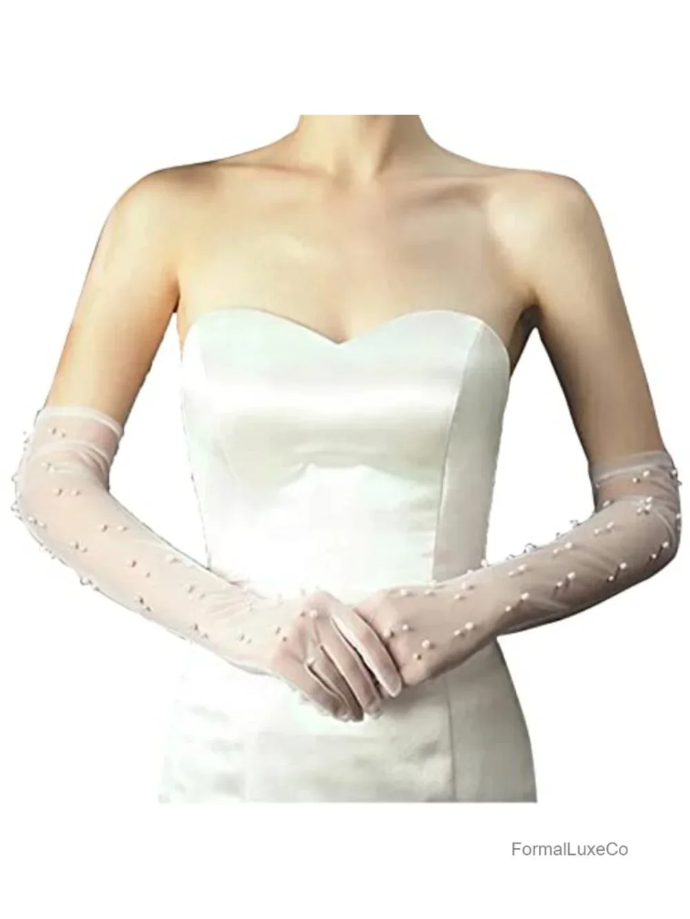 Pearl Tulle Wedding Gloves Long Opera Evening Sheer Fingerless Lace Bridal